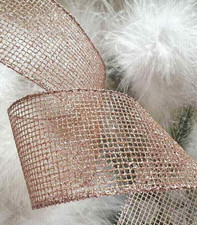 1m x 63mm WIRED CHRISTMAS RIBBON Rose Gold Glitter Sparkle Mesh    Tree or Bows 