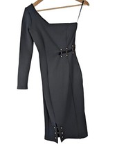 ASOS Black Bodycon Off The Shoulder Dress, One Sleeve, Safety Pin Size 6 Petite