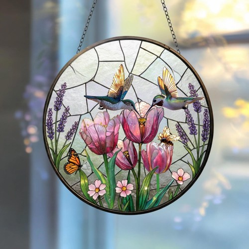 Hummingbird and tulips stained - hummingbird,