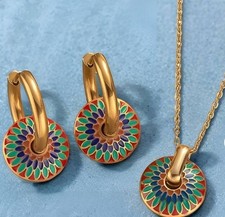 Zara 18K Gold plated red green blue mandala mosaic necklace and earrings set