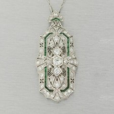 2.95Ct Art Deco Style Diamond & Emerald Enagagement Wedding 925 Silver Pendant