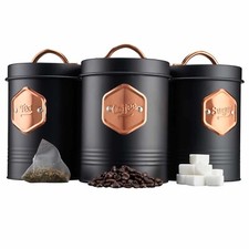 Cooks Professional Kitchen Storage Set | Tea Coffee Sugar | Black & Copper