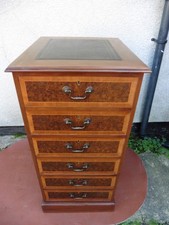 ANTIQUE STYLE GREEN LEATHER TOP WALNUT FILING CABINET, THREE DRAWERS + KEY, TIDY