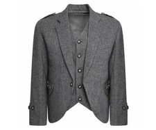 Men's Scottish Grey Tweed Argyle Highland Kilt Jacket and Waistcoat for Wedding