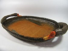 Vintage  Wicker Rattan Tray Oval Brown  Duck Neck Handles .