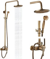 Antique Brass Bathroom Exposed Mixer Shower Taps Twin Head Rain Shower Head Set