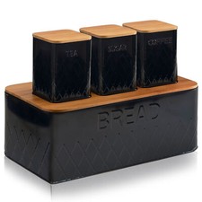4pc Bread Bin Tea Coffee Sugar Jar Kitchen Canister Set Tin Bamboo Lid Storage