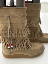 Kickers Suede Fringe Moccasin Boots–Tan Beige, Beaded Tassel - Boho -  Size 4/37