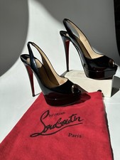 Christian Louboutin Black Patent Leather Lady Peep Slingback Pumps Size 39.5