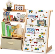 Kids Bookshelf with Toy Storage Box,Wooden Childrens Bookcase with 4 Sling & 3 