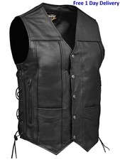 Skates Sports Men Black Side Laces Real Leather waistcoat Motorcycle Biker Vest