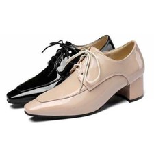 Women Office Work OL Casual Square Toe Low Heel Lace Up Shoes Faux Leather Pumps
