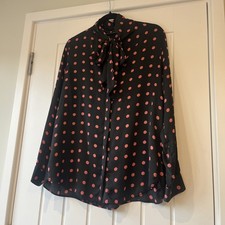 Woman’s Zara Navy/pink Polka Dot Pussybow Blouse Size XL