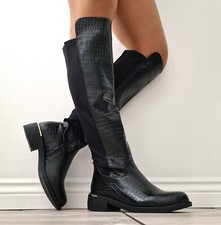 Womens Ladies Black Flat Low Heel Zip Up Over The Knee Stretch Calf Boots Shoes