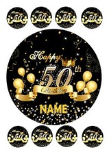 50th/70th/75th BIRTHDAY CAKE TOPPER ROUND EDIBLE  ICING 7.5" + 8 CUPCAKE TOPPERS