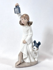 Nao Lladro 'Who's There?' Girl with Lantern & Dog 1989 Glossy China 8" Figurine