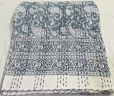Indian Hand Block Floral  Kantha Quilt Bedspread Throw Cotton Blanket QUEEN Size