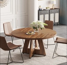 Farmhouse Round Dining Table for 4 – Rustic Brown Wooden Kitchen & Living Room 