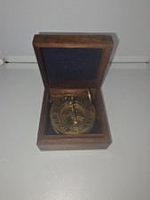 Brass Pocket Sundial Antique Sundial Compass Hatton Garden London with Wood