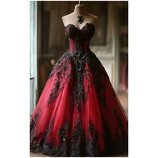 Black+Red Gothic Wedding Dress Lace Appliques A-Line Tulle Vintage Bridal Gown 
