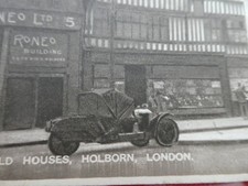 Vintage Postcard; Old Houses, Holborn, London, Showing Three Wheel Car (2929)