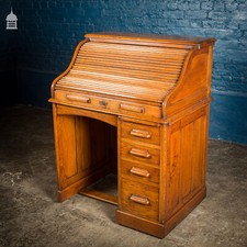 Edwardian Oak Tambour Front Roll Top Lebus Desk