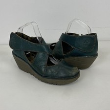 Fly London Yogo Wedge Heels Shoes Green Leather Size 39 EU / 6 UK Ladies