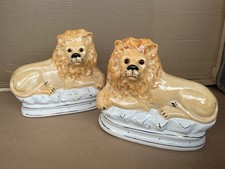 Pair Antique 19th century Victorian Staffordshire Recumbent Mantel lions 