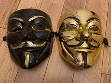 Set of 2 Guy Fawkes / V for Vendetta Masks – Black & Gold / Full Gold
