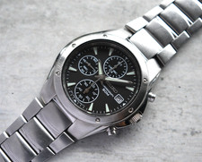 Seiko Chronograph Men's Watch 50M Black Dial Date Quartz Bracelet Rare