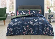 Japanese Garden Duvet Cover Art Deco Quilt Bedding Set Double Navy Blue Green