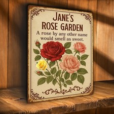 Personalised Rose Garden Sign Vintage Gardener's Metal Wall Plaque Gift HJ40