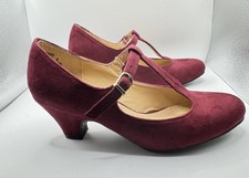 JD Williams Women's T Bar Burgundy Suede Shoes Size 6 Wide Fit Excellent  