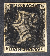 GB SG2 QV 1840 Penny Black Plate 1b, FC, Excellent 4 Margin Example, Used