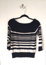 Jaeger Off Shoulder Navy And White Striped Silk Blend Jumper Size 12 UK
