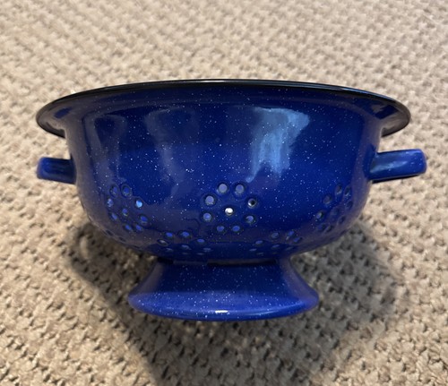 Vintage blue enamel colander - vintage,