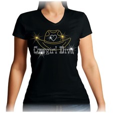 V neck Cowgirl Diva Rhinestone t shirt - Line Dancing Ladies Sizes Listed 8-24