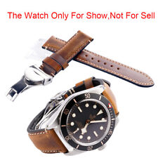 22mm Brown Leather Wrist WatchBand Strap Silver Clasp For Tudor Black Bay Seiko