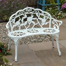 Home Source Cast Iron Garden Bench Metal Frame Patio Chair Outdoor Seating, Whi