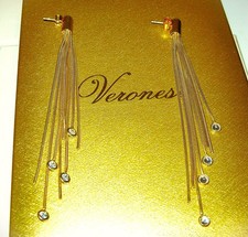 VERONESE DIAMONIQUE 4" LONG DANGLY EARRINGS 18CT YELLOW GOLD STERLING SILVER QVC