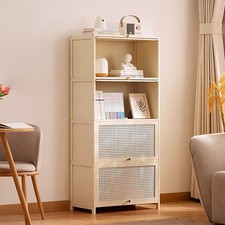 3/4 Tiers Bamboo Rattan Storage Cabinet Retro Buffet Sideboard Cream Finish
