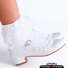 Girls White Satin Communion Mary Jane Wedding Bridal Shoe Diamante Low Heel Kids