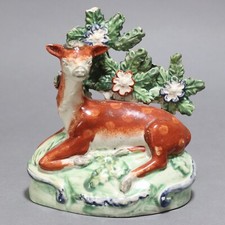 Antique Staffordshire Pottery Pearlware Bocage Recumbent Fallow Doe Deer, c.1820