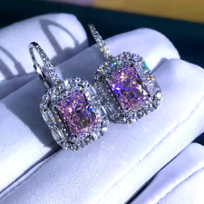 5.00 Ct Radiant Cut Pink Sapphire Drop/Dangle Earrings 14K White Gold Finish