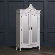 French Chateau Style Wooden  Carved Chic White Mirrored Double Armoire Wardrobe