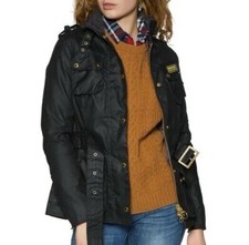 Barbour Union Jack International Waxed Jacket Womens Size US 14 Belted