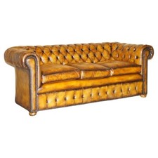 SUPER RARE FULLY RESTORED VINTAGE CIGAR BROWN LEATHER CHESTERFIELD SOFA PART SET