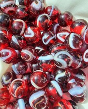 NEW DESIGN - ROOSTER - 25 Glass Marbles, Transparent Red with White Swirl, 16mm