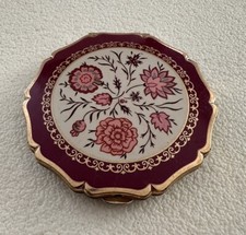 Vintage Stratton Enamelled Maroon Red Powder Compact  Floral Flowers