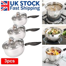 Set of 3 Induction Non Stick Stainless Steel Cookware Kitchen Glass Lids Pot Pan